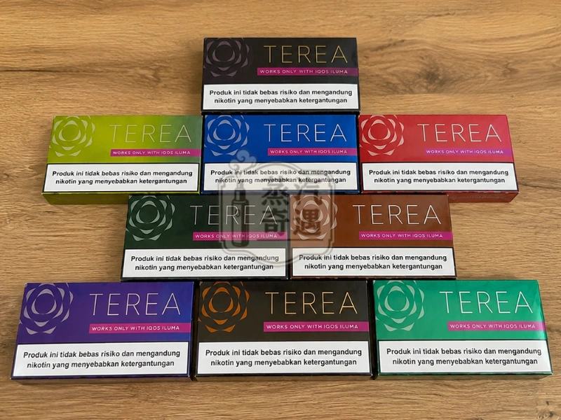 TEREA煙彈亞洲印尼版-9種口味一條裝整齊擺放在桌上展示